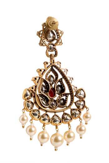 Shop_Nazaakat By Samara Singh_Red Stones, Pearls Embellished Dangling Earrings _Online_at_Aza_Fashions