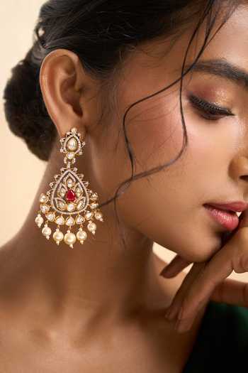 Nazaakat By Samara Singh_Red Stones, Pearls Embellished Dangling Earrings _at_Aza_Fashions