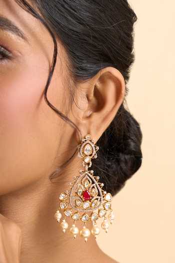 Buy_Nazaakat By Samara Singh_Red Stones, Pearls Embellished Dangling Earrings 