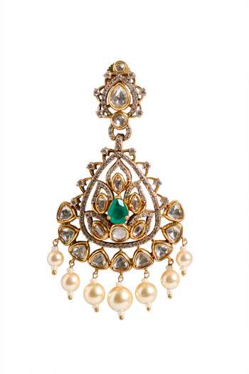 Shop_Nazaakat By Samara Singh_Green Stones, Pearls, Crystals Embellished Dangler Earrings _Online_at_Aza_Fashions