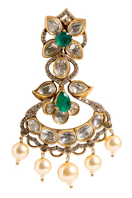 Shop_Nazaakat By Samara Singh_Green Stones, Pearls Embellished Dangling Earrings _Online_at_Aza_Fashions