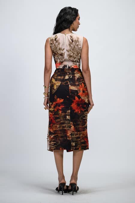 The Dramebaaz CO Mocha Floral Print Slit Skirt