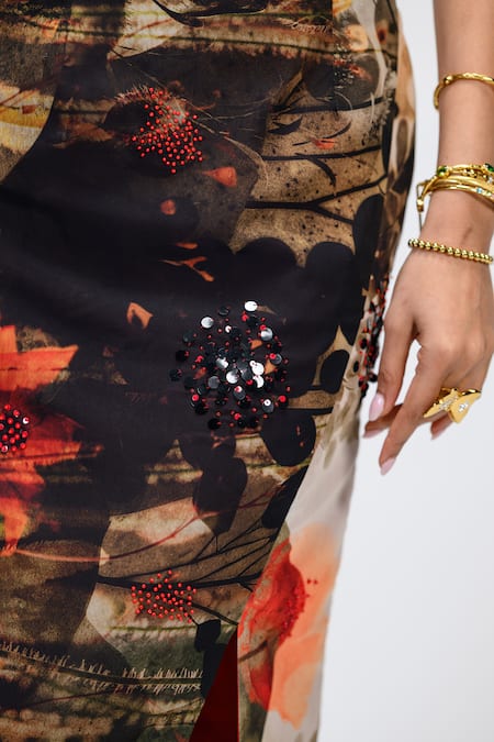 The Dramebaaz CO_Brown Georgette Sequins, Beads Mocha Floral Print Slit Skirt _Online_at_Aza_Fashions