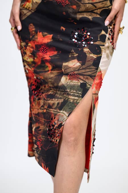 Shop_The Dramebaaz CO_Brown Georgette Sequins, Beads Mocha Floral Print Slit Skirt _Online_at_Aza_Fashions