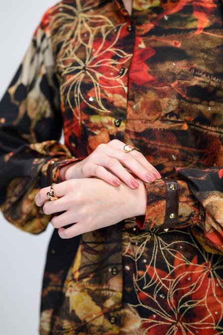 The Dramebaaz CO_Brown Georgette Embroidery, Sequins Collared Caramel Floral Shirt _Online_at_Aza_Fashions