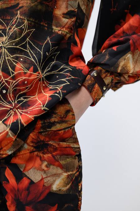 Buy_The Dramebaaz CO_Brown Georgette Embroidery, Sequins Collared Caramel Floral Shirt _Online_at_Aza_Fashions