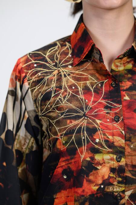 Shop_The Dramebaaz CO_Brown Georgette Embroidery, Sequins Collared Caramel Floral Shirt _Online_at_Aza_Fashions