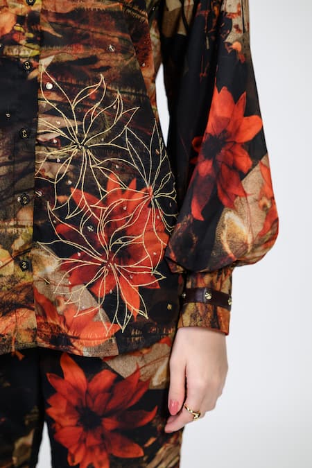 The Dramebaaz CO_Brown Georgette Zari, Sequins, Studs Caramel Floral Pattern Shirt And Pant Set _Online_at_Aza_Fashions