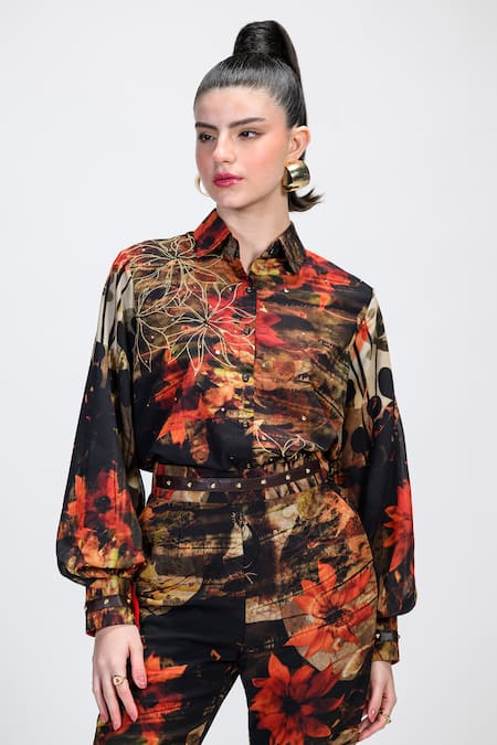 Buy_The Dramebaaz CO_Brown Georgette Zari, Sequins, Studs Caramel Floral Pattern Shirt And Pant Set _Online_at_Aza_Fashions