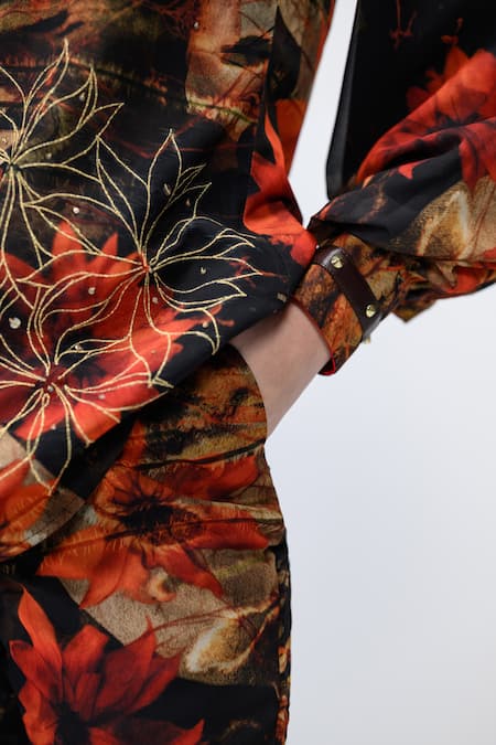 Shop_The Dramebaaz CO_Brown Georgette Zari, Sequins, Studs Caramel Floral Pattern Shirt And Pant Set _Online_at_Aza_Fashions