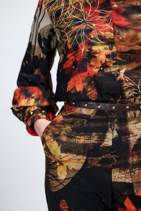 The Dramebaaz CO_Brown Georgette Zari, Sequins, Studs Caramel Floral Pattern Shirt And Pant Set _at_Aza_Fashions