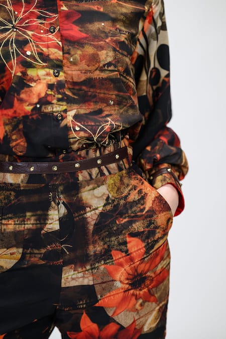 Buy_The Dramebaaz CO_Brown Georgette Zari, Sequins, Studs Caramel Floral Pattern Shirt And Pant Set 
