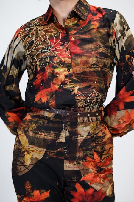 Shop_The Dramebaaz CO_Brown Georgette Zari, Sequins, Studs Caramel Floral Pattern Shirt And Pant Set 