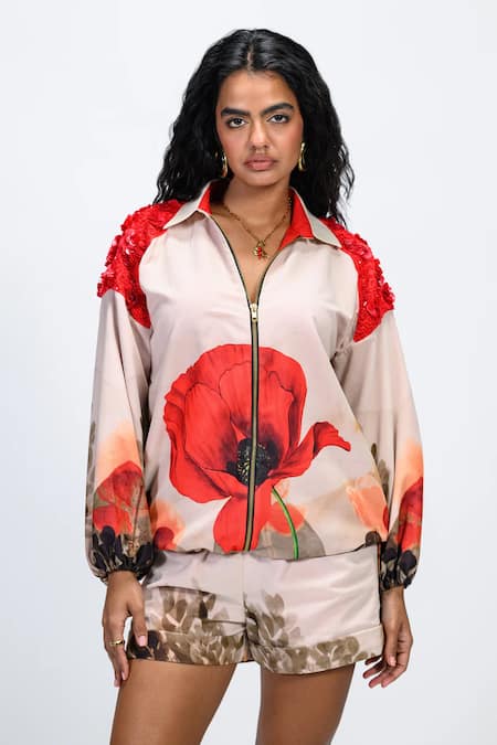 The Dramebaaz CO Vanilla Vogue Poppy Print Bomber Jacket 