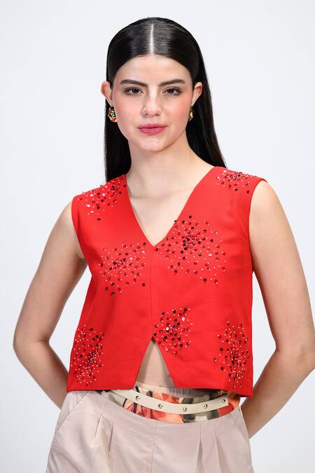 The Dramebaaz CO Red Georgette Sequins, Beads V-neck Ruby Embroidered Top Online at Aza Fashions The Dramebaaz CO_Red Georgette Sequins, Beads V-neck Ruby Embroidered Top _Online_at_Aza_Fashions