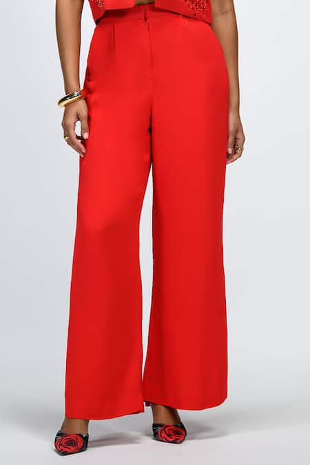 The Dramebaaz CO_Red Georgette Sequins, Beads V-neck Ruby Embroidered Top And Pant Set _Online_at_Aza_Fashions