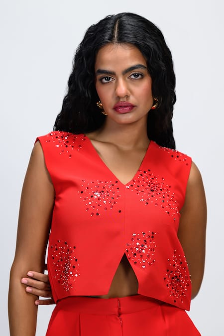The Dramebaaz CO_Red Georgette Sequins, Beads V-neck Ruby Embroidered Top And Pant Set _at_Aza_Fashions