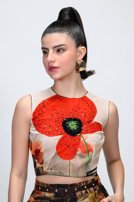 The Dramebaaz CO_Off White Georgette Sequins, Beads, Espresso Crop Top And High-waisted Trouser Set _Online_at_Aza_Fashions