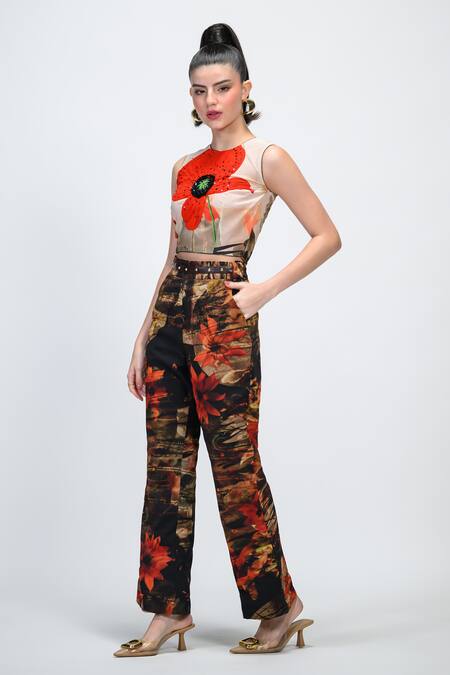 Buy_The Dramebaaz CO_Off White Georgette Sequins, Beads, Espresso Crop Top And High-waisted Trouser Set _Online_at_Aza_Fashions