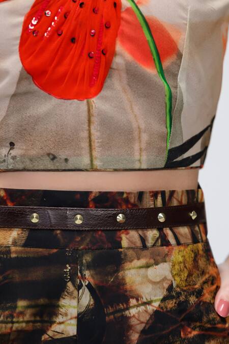 The Dramebaaz CO_Off White Georgette Sequins, Beads, Espresso Crop Top And High-waisted Trouser Set _at_Aza_Fashions