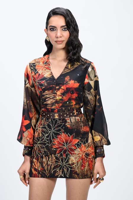 Buy_The Dramebaaz CO_Brown Georgette Sequins, Studs V-neck Espresso Embroidered Dress _Online_at_Aza_Fashions