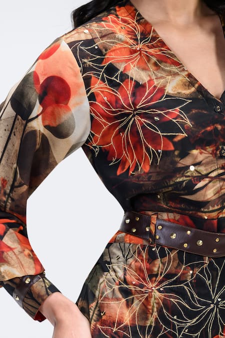 Buy_The Dramebaaz CO_Brown Georgette Sequins, Studs V-neck Espresso Embroidered Dress 