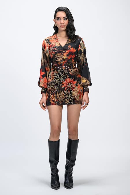 Shop_The Dramebaaz CO_Brown Georgette Sequins, Studs V-neck Espresso Embroidered Dress 