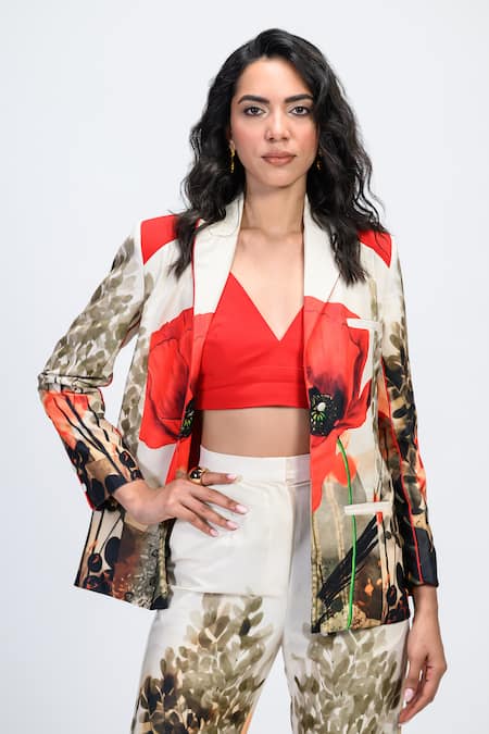 Buy The Dramebaaz CO Off White Lycra Embroidery, Modista Floral Print Blazer And Trouser Co-ord Set Buy_The Dramebaaz CO_Off White Lycra Embroidery, Modista Floral Print Blazer And Trouser Co-ord Set