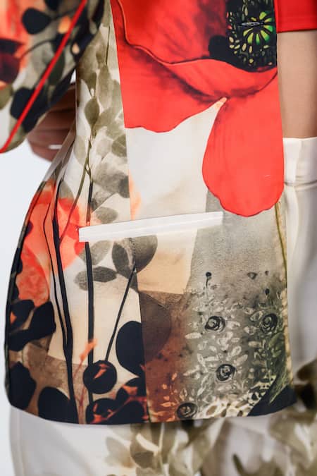 Shop The Dramebaaz CO Off White Lycra Embroidery, Modista Floral Print Blazer And Trouser Co-ord Set Shop_The Dramebaaz CO_Off White Lycra Embroidery, Modista Floral Print Blazer And Trouser Co-ord Set