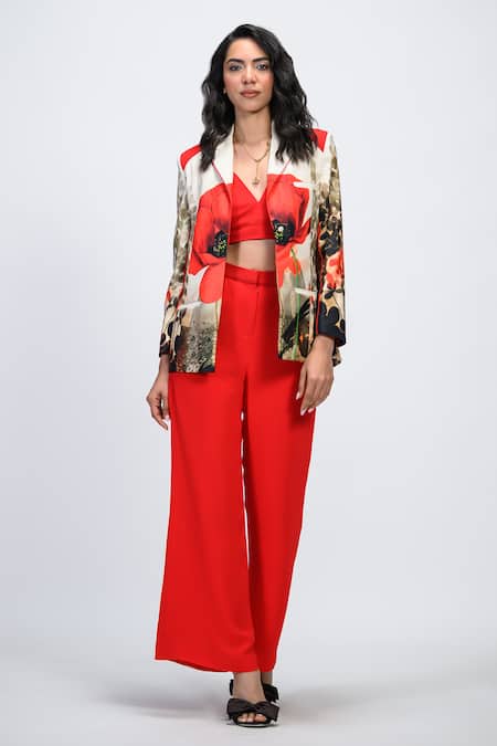 The Dramebaaz CO Crimson Modista Floral Print Blazer & Trouser Set