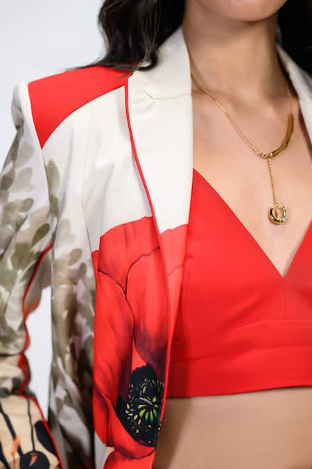 Shop_The Dramebaaz CO_Off White Lycra, Georgette Crimson Modista Floral Print Blazer And Trouser Set _Online_at_Aza_Fashions