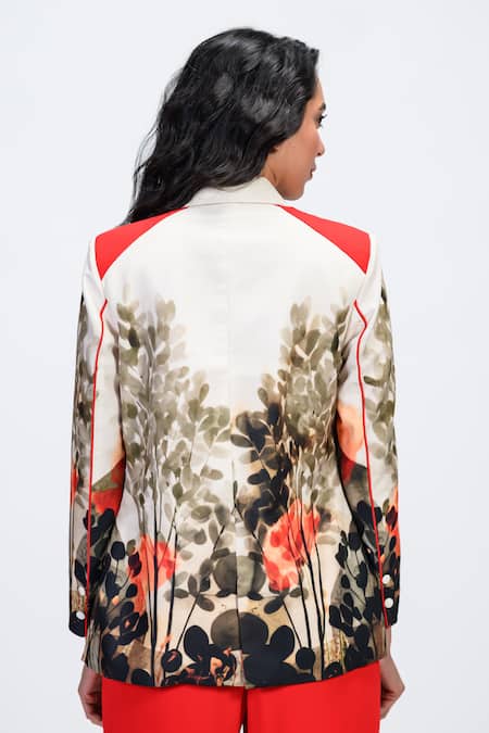 Buy_The Dramebaaz CO_Off White Lycra, Georgette Crimson Modista Floral Print Blazer And Trouser Set 