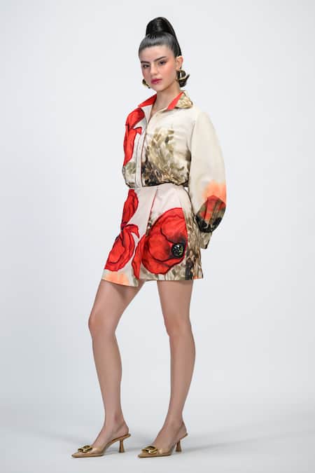 The Dramebaaz CO_Off White Georgette Patchwork, Sequins, Beads Collared Petal Poise Floral Shirt _Online_at_Aza_Fashions