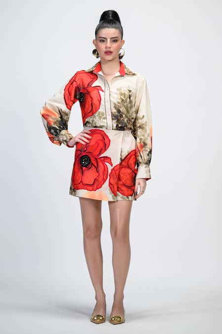 Shop_The Dramebaaz CO_Off White Georgette Patchwork, Sequins, Beads Collared Petal Poise Floral Shirt _Online_at_Aza_Fashions