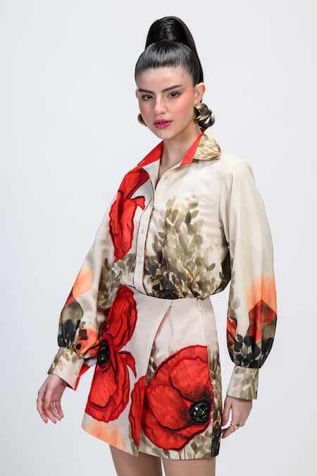 The Dramebaaz CO_Off White Georgette Patchwork, Sequins, Beads Collared Petal Poise Floral Shirt _at_Aza_Fashions