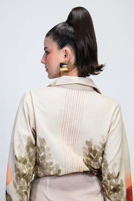 Buy_The Dramebaaz CO_Off White Georgette Patchwork, Sequins, Beads Collared Petal Poise Floral Shirt 