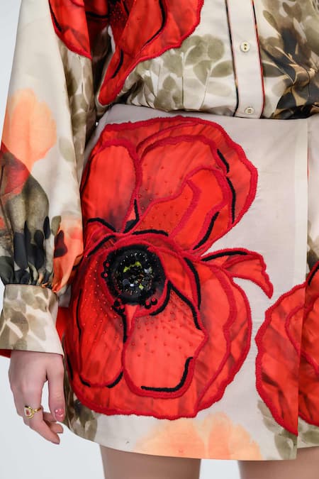 The Dramebaaz CO_Off White Georgette Patchwork, Embroidery, Petal Poise Floral Wrap Skirt _Online_at_Aza_Fashions