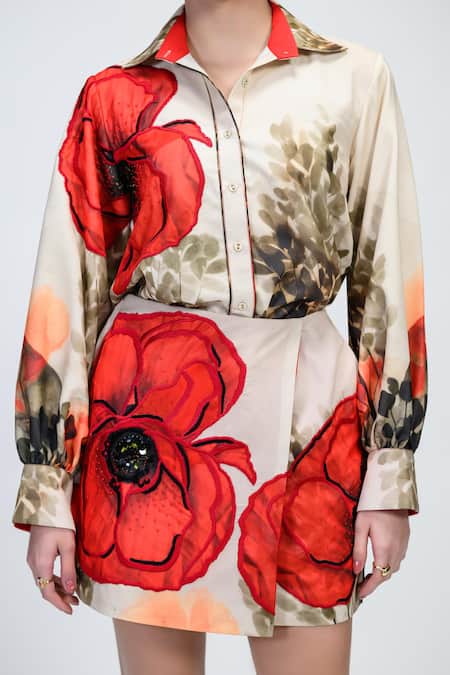 Shop_The Dramebaaz CO_Off White Georgette Patchwork, Embroidery, Petal Poise Floral Wrap Skirt _Online_at_Aza_Fashions