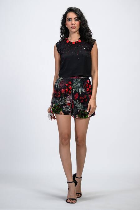 The Dramebaaz CO_Black Velvet Beads, Sequins Noir Luxe Floral Print Shorts _Online_at_Aza_Fashions