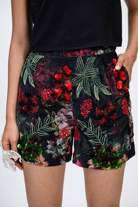 The Dramebaaz CO_Black Velvet Beads, Sequins Noir Luxe Floral Print Shorts _at_Aza_Fashions