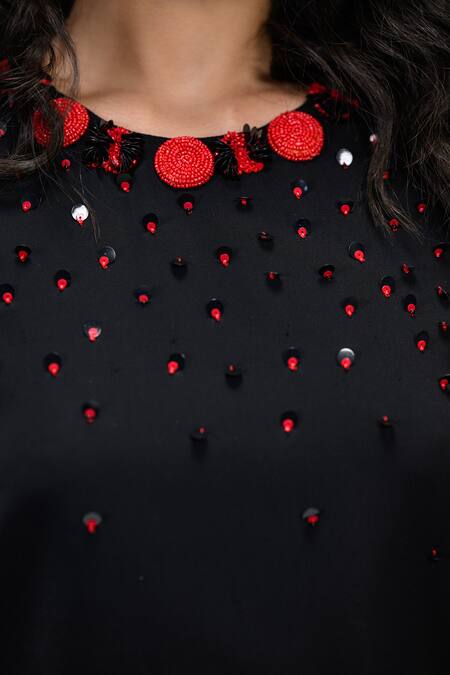 Shop The Dramebaaz CO Black Cotton, Crepe Beads, Sequins Round Neck Florelle Embroidered Top Online at Aza Fashions Shop_The Dramebaaz CO_Black Cotton, Crepe Beads, Sequins Round Neck Florelle Embroidered Top _Online_at_Aza_Fashions