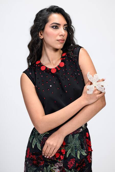 The Dramebaaz CO Black Cotton, Crepe Beads, Sequins Round Neck Florelle Embroidered Top at Aza Fashions The Dramebaaz CO_Black Cotton, Crepe Beads, Sequins Round Neck Florelle Embroidered Top _at_Aza_Fashions