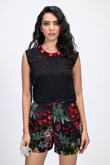 Buy The Dramebaaz CO Black Cotton, Crepe Beads, Sequins Round Neck Florelle Embroidered Top Buy_The Dramebaaz CO_Black Cotton, Crepe Beads, Sequins Round Neck Florelle Embroidered Top