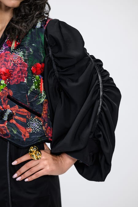 Buy The Dramebaaz CO Black Cotton, Crepe, Chanderi Beads, Prisma Dress With Floral Print Waistcoat Online at Aza Fashions Buy_The Dramebaaz CO_Black Cotton, Crepe, Chanderi Beads, Prisma Dress With Floral Print Waistcoat _Online_at_Aza_Fashions
