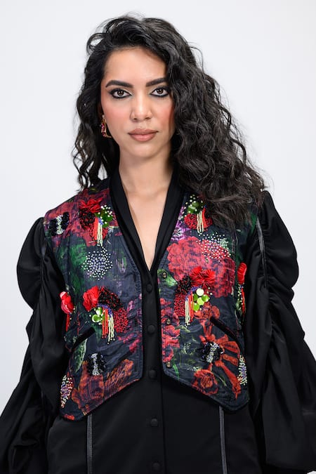 Shop The Dramebaaz CO Black Cotton, Crepe, Chanderi Beads, Prisma Dress With Floral Print Waistcoat Online at Aza Fashions Shop_The Dramebaaz CO_Black Cotton, Crepe, Chanderi Beads, Prisma Dress With Floral Print Waistcoat _Online_at_Aza_Fashions