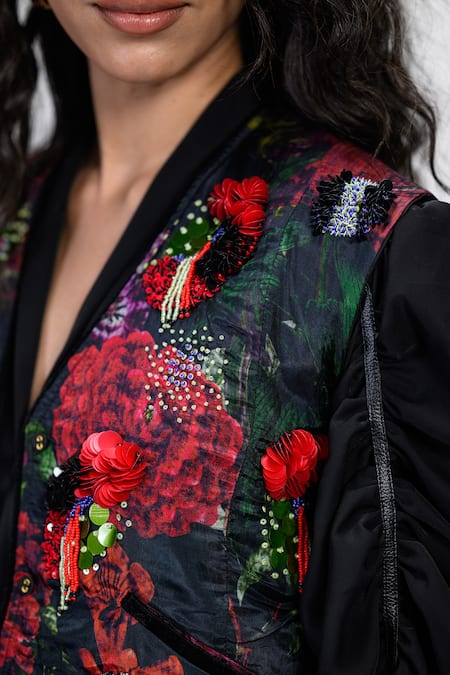 Buy The Dramebaaz CO Black Cotton, Crepe, Chanderi Beads, Prisma Dress With Floral Print Waistcoat Buy_The Dramebaaz CO_Black Cotton, Crepe, Chanderi Beads, Prisma Dress With Floral Print Waistcoat