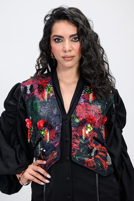 The Dramebaaz CO Black Chanderi Embroidery, Sequins, Beads, Tassels Prisma Printed And Waistcoat at Aza Fashions The Dramebaaz CO_Black Chanderi Embroidery, Sequins, Beads, Tassels Prisma Printed And Waistcoat _at_Aza_Fashions