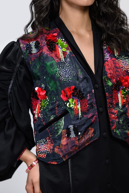 Buy The Dramebaaz CO Black Chanderi Embroidery, Sequins, Beads, Tassels Prisma Printed And Waistcoat Buy_The Dramebaaz CO_Black Chanderi Embroidery, Sequins, Beads, Tassels Prisma Printed And Waistcoat