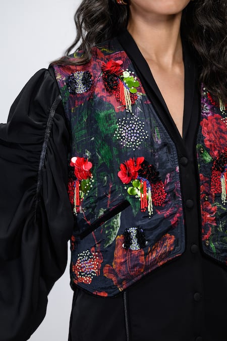 Shop The Dramebaaz CO Black Chanderi Embroidery, Sequins, Beads, Tassels Prisma Printed And Waistcoat Shop_The Dramebaaz CO_Black Chanderi Embroidery, Sequins, Beads, Tassels Prisma Printed And Waistcoat