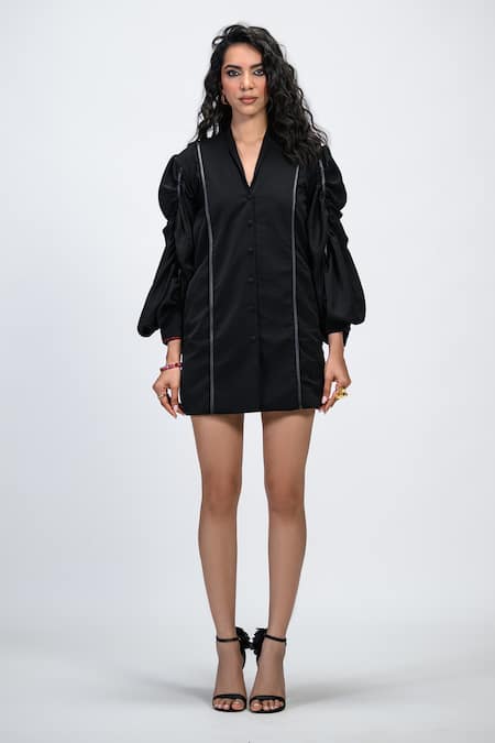 The Dramebaaz CO_Black Cotton, Crepe V-neck Aura Dramatic Bishop Sleeve Dress _Online_at_Aza_Fashions